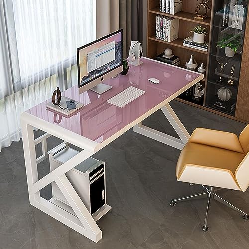 Atwnjkp Einfacher, moderner Arbeitstisch aus gehärtetem Glas, Arbeitstisch, Computertisch, Heimbüro-Arbeitsplatz (39 Zoll, rosa + weißer Rahmen) von Atwnjkp