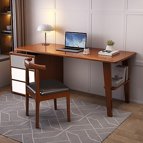 Atwnjkp Schreibtisch für zu Hause mit Schubladen, Schreibtisch aus Massivholz, moderner Computertisch mit Stauraum, Walnuss + Weiß von Atwnjkp