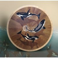 Holzboden Medaillon Orkas Wale Intarsie Parkettinlay Boden-Rekonstruktion Idee Laubholz-Design Handmade Maritimer Stil Home-Idee von AtwoodGoods