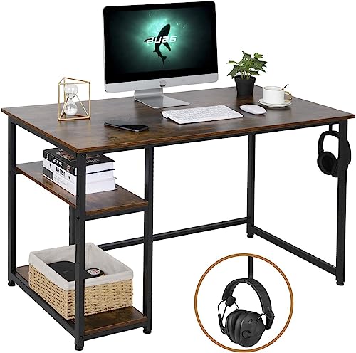 AuAg PC Tisch 120 cm Schreibtisch mit Regal und Haken Computertisch, Bürotisch, Arbeitstisch Vintage Industriestil Hölzern Laptop Tisch für Studie Arbeitsplätze für Home Office, fürs Büro, Braun von AuAg