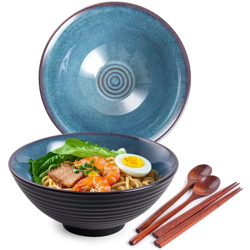 Auanlay 2 x 1200ml Ramen Schüssel Set aus Keramik mit Essstäbchen und Löffeln, 20cm Bowl Schüssel Suppenschüssel Groß (Blau) von Auanlay