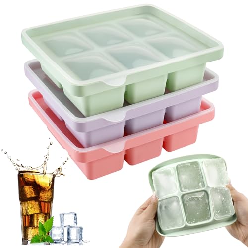Auauraintt 3 Stück Eiswürfelform, Silikon Eiswürfelbehälter XL Mit Deckel,Stapelbar und Spülmaschinenfest,für Cocktails Bier WeinUnd Baby Snack Inklusiv (3 Farbe(18 Eiswürfel)) von Auauraintt