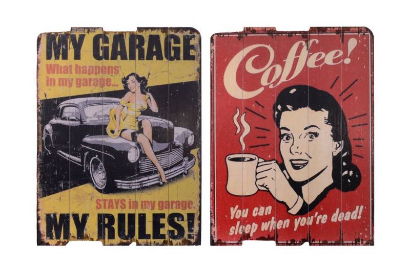 Aubaho Dekoobjekt Ein Paar Vintage-Drucke auf Holz Replikat Retro Design Dekoration von Aubaho