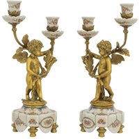 Set 2-Teilig Kerzenständer Porzellan Messing Engel Skulptur Antik-stil 39cm von Aubaho