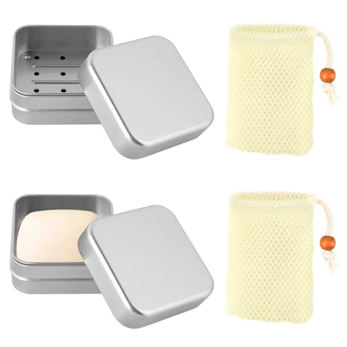 2 Stück Aluminium Seifendose Reise (mit 2 Gelben Seifensäckchen), Feuchtigkeitsresistente Seifenbox mit Abtropfgestell, Seifenschale Reise für Feste Seife, Aufbewahrung von Medikamenten, Süßigkeiten von Aubess