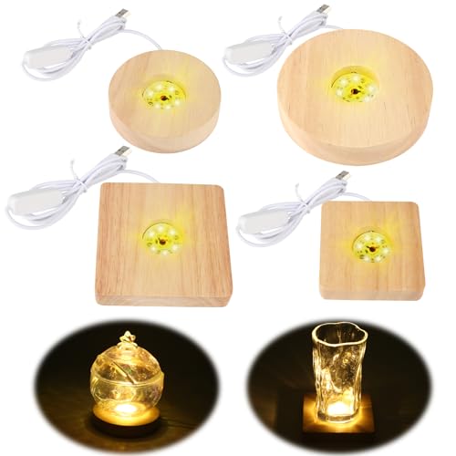 Aubess LED Sockel, 4 Stück Holz LED Lichtsockel, Quadrat/Rund LED Sockel für Acrylglas, Leuchtsockel mit USB-Kabel für Kristallkugel, Glas, Acryl (Warmes Licht) von Aubess