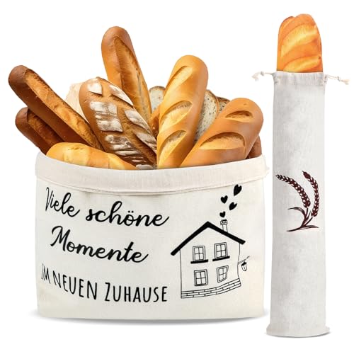 Brotkorb aus Stoff mit Brotbeutel Leinen, Brotkorb Modern als Einzugsgeschenke Wohnung, Brötchenkorb für Aufbewahrung von Brot und Geschirr (Viele schöne Momente IM NEUEN ZUHAUSE) von Aubess