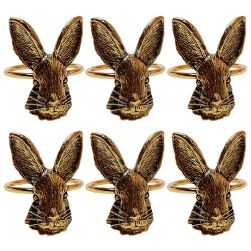 Aublinto DIY Serviettenringe Bauernhaus Serviettenring 6pcs Zinc Alloy Rabbit Napkin Holder Electroplated Gold and Silver Napkin Ring Antique Rabbit Head Buckle for Thanksgiving and Easter Gold von Aublinto