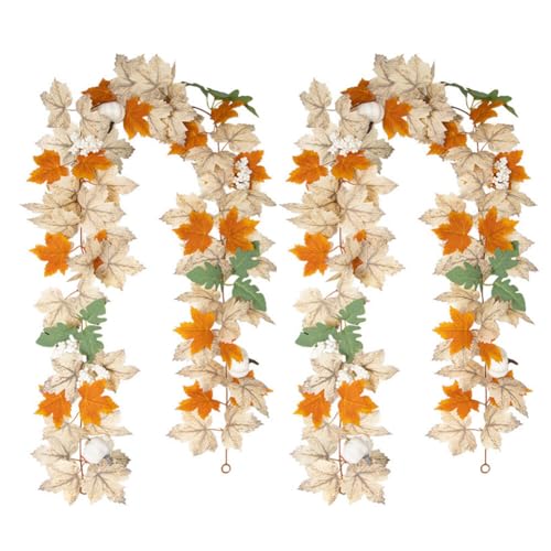 Aublinto Künstliche Herbstgirlande Ahornblatt Herbst Girlande mit Ahorn Blättern Herbstblatt Herbstlaub Rebe Kunststoff Blätter für Home Wand Tür Outdoor Thanksgiving Halloween Dekoration 2 Stück von Aublinto
