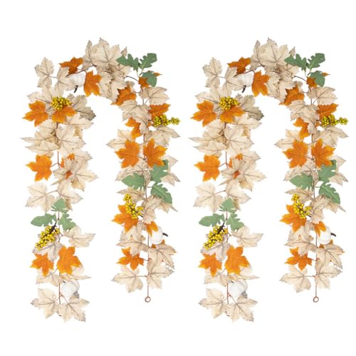 Aublinto Künstliche Herbstgirlande Ahornblatt Herbst Girlande mit Ahorn Blättern Herbstblatt Herbstlaub Rebe Kunststoff Blätter für Home Wand Tür Outdoor Thanksgiving Halloween Dekoration 2 Stück von Aublinto