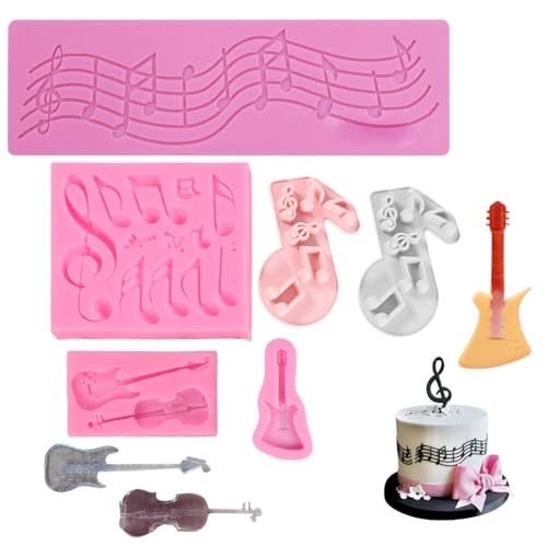 Aublinto Musik Noten Silikonform Backform,Musical Note Form DIY Kuchen dekorieren Fondant Silikon Zucker Craft Formen für Schokolade Fondant Torten Deko 6 Stück Gitarren-Musiknoten-Fondant-Form von Aublinto