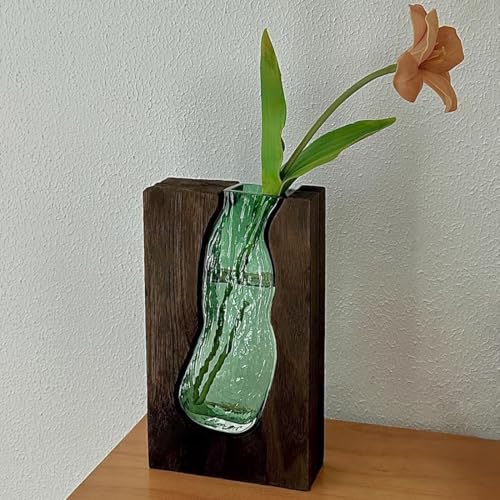 Auciej Blumenvase modern Glasvase Handgefertigte Vase Glas rechteckig Schmale Vasen mit Holzsockel für Home Office Dekor, Geschenk für Hochzeit Einweihungsparty feiern Höhe 24 cm von Auciej