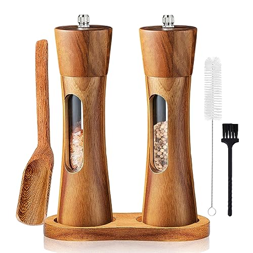 Auciej Salz und Pfeffermühle Holz Set Manuelle Pfeffermühle Keramikmahlwerk Gewürzmühle Salzmühle mit untersetzer Verstellbarem für Gewürze Pfeffer Salz 2er Set 20 cm von Auciej