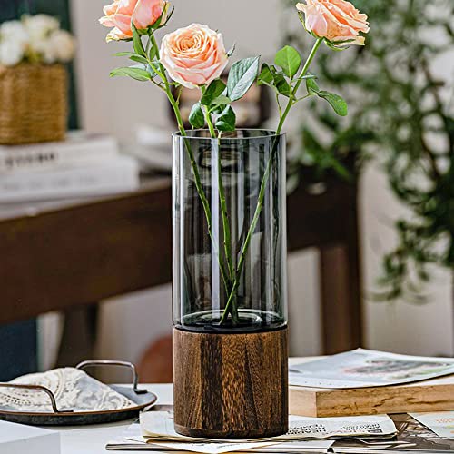 Glas Blumenvase Modern Zylinder Vase Handgefertigte kristallklare Glasvase mit Holzsockel Blumenblume Pflanzenbehälter für Home Office Dekor, Geschenk für Hochzeit Einweihungsparty feiern Höhe 31 cm von Auciej