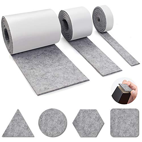 Auckpure selbstklebende Filzgleiter, 3 Rollen selbstklebender Filz für Möbel 100 cm x 10 cm, 100 cm x 5 cm, 100 cm x 2 cm, beliebige Form zuschneidbar, Filzunterlage für Stühle, Bodenschutz, Grau von Auckpure