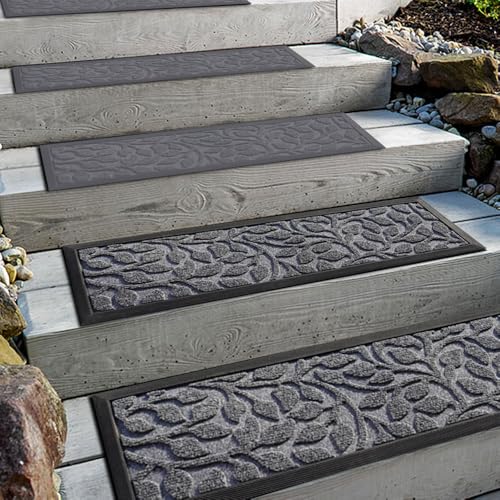 Aucuda 2er Set Stufenmatte Außen aus Gummi, 76 x 22 cm Wetterfeste & rutschfeste Treppenstufen Matten, Anti-Rutsch Wärmedämmung Gummimatten für Outdoor, Antirutschmatten Graue Florale Treppenmatte. von Aucuda