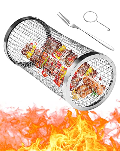 Audasi Rolling BBQ Grillkorb, Edelstahl Ofen Rotisserie, Grill Frittierkorb, Drehspieß Korb Zylinder Grillkorb Rack, Runde Grillhalter Backofen für Camp Außengrill Kochutensilien für Gemüse und Fisch von Audasi