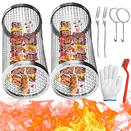 Audasi 2Pcs Rolling BBQ Grillkorb, Edelstahl Ofen Rotisserie, Grill Frittierkorb, Drehspieß Korb Zylinder Grillkorb Rack, Runde Grillhalter Backofen für Camp Außengrill Kochutensilien für Gemüse&Fisch von Audasi