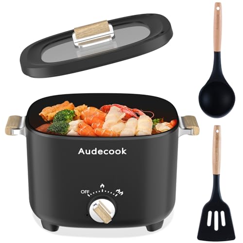 Audecook Elektrischer Hot Pot, 2.5L Tragbare Antihaft Multikocher, Antihaftbeschichtung mit Wabentextur, Elektrischer Reisetopf Wokpfanne mit Dual Leistungssteuerung für Steak/Nudeln/Suppe/Ei(Schwarz) von Audecook