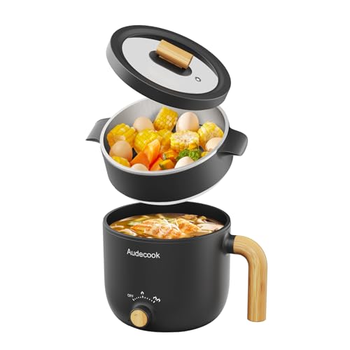 Audecook Elektrische Hot Pot, 1.5L Tragbare Mini Antihaft Multikocher, Schneller Ramen Kocher, Travel Electric Bratpfanne mit Duale Leistungssteuerung für Steak/Nudeln/Suppe/Ei/Hafer von Audecook