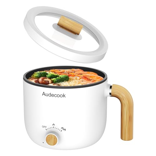 Audecook Elektrische Hot Pot, 1.5L Tragbare Mini Antihaft Multikocher, Schneller Ramen Kocher, Travel Electric Bratpfanne mit Duale Leistungssteuerung für Steak/Suppe/Ei/Hafer(Weiß) von Audecook