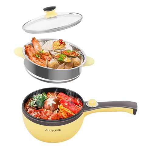 Audecook Kochtopf Elektrisch Mini Hot Pot, Topf Antihaft-Bratpfanne Elektropfanne mit Glasdeckel, Multifunktionaler Hot Pot, geeignet für Zuhause, Reisen und Camping- Gelb von Audecook