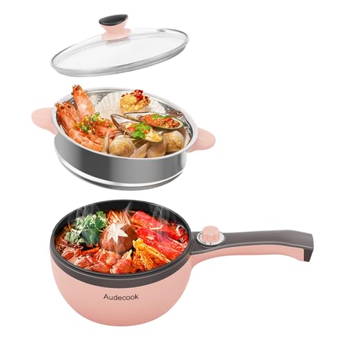 Audecook Kochtopf Elektrisch Mini Hot Pot, Topf Antihaft-Bratpfanne Elektropfanne mit Glasdeckel, Multifunktionaler Hot Pot, geeignet für Zuhause, Reisen und Camping - Rosa von Audecook