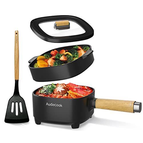 Audecook Elektrischer Hot Pot mit Dampfgarer, 2L/20cm Antihaft Elektropfanne mit Keramikglasur, Tragbarer Multikocher für Ramen, Steak, Ei, Haferflocken, Suppe, 350W/800W (Schwarz, mit Dampfgarer) von Audecook