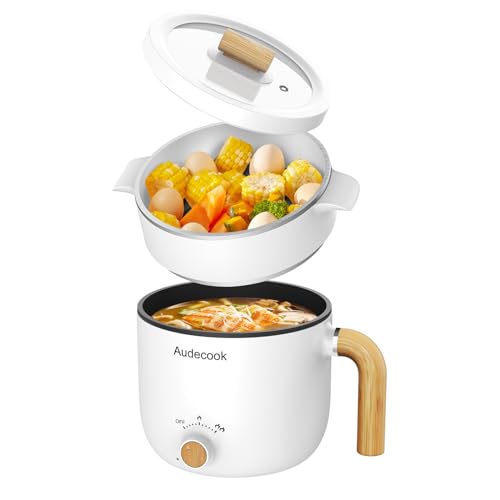 Audecook Elektrische Hot Pot und Dampfgarer, 1.5L Tragbare Mini Antihaft Multikocher, Ramen Kocher, Travel Electric Bratpfanne mit Duale Leistungssteuerung für Steak/Nudeln/Ei/Hafer (White) von Audecook