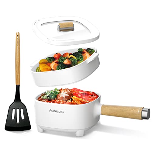 Audecook Elektrischer Hot Pot mit Dampfgarer, 2L/20cm Antihaft Elektropfanne mit Keramikglasur, Tragbarer Multikocher für Ramen, Steak, Ei, Haferflocken, Suppe, 350W/800W (Weiß, mit Dampfgarer) von Audecook