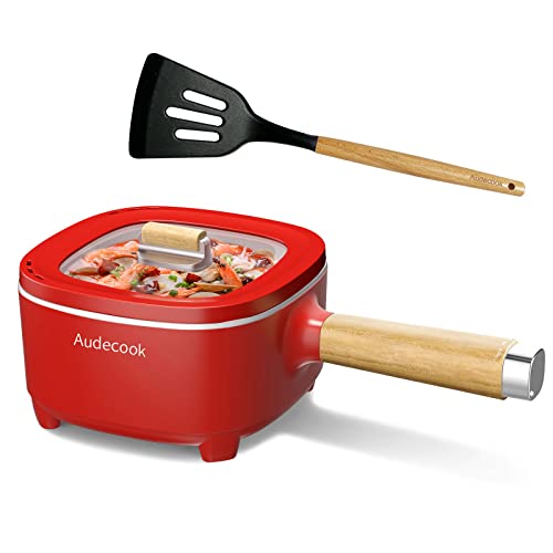 Audecook Hot Pot Elektrisch 2L, Elektrische Pfanne mit Antihaft-Keramikglasur, 20 cm, Tragbarer Multikocher für Steak, Ei, Ramen, Haferflocken, Suppe, 200W/1000W (Rot, ohne Steamer) von Audecook