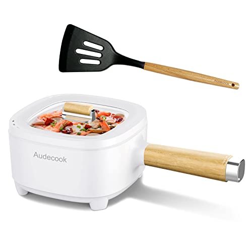 Audecook Hot Pot Elektrisch 2L, Elektrische Pfanne mit Antihaft-Keramikglasur, 20 cm, Tragbarer Multikocher für Steak, Ei, Ramen, Haferflocken, Suppe, 350W/800W (Weiß, ohne Steamer) von Audecook