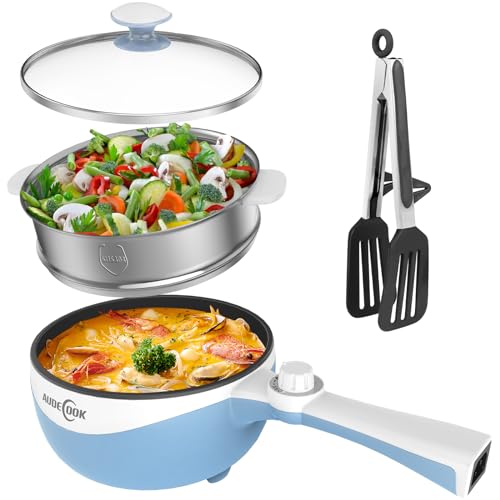 Audecook Elektrischer Topf mit Dampfgarer, 1.7L Mini Elektrische Bratpfanne für Wohnheim Antihaftbeschichtung, Hot Pot Elektrisch Perfekt für Ramen/Steak/Ei/Braten/Suppe/Haferflocken(Blau) von Audecook