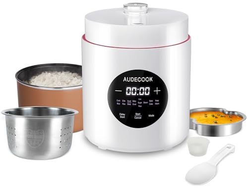 Audecook Reiskocher Klein 1,5 L mit Low Carb Funktion and Dampfgarer, Mini Rice Cooker mit 7 Funktion Digitaler Multikocher Timer Warmhaltefunktion für Gesunde Ernährung Multicooker 3 Personen (Weiß) von Audecook