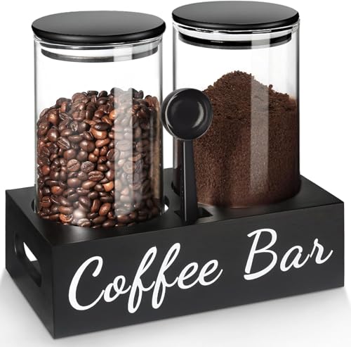 Audest Kaffeedose Luftdicht 1kg Bohnen, 1,48-Liter Kaffeedose Schwarz mit Deckel/Schaufeln/Holzrahmen/Etiketten, 2er-Pack Kaffeedose Retro für Kaffee Bar Theke gemahlener Kaffee Tee von Audest
