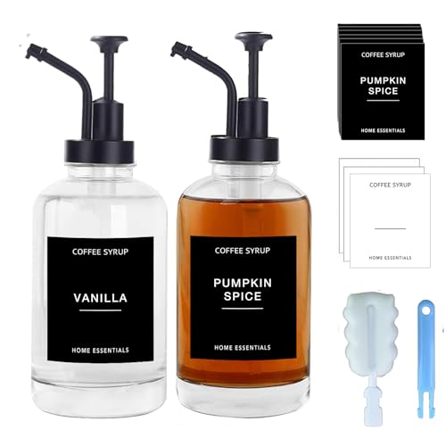 Kaffee Sirup Spender Glas Set, Kaffeesirup Pumpspender für Küche Coffee Bar, Sirup Pumpspender Kaffeesirupspender mit 43 Aufkleber, Trichter, 500 ml von Audest