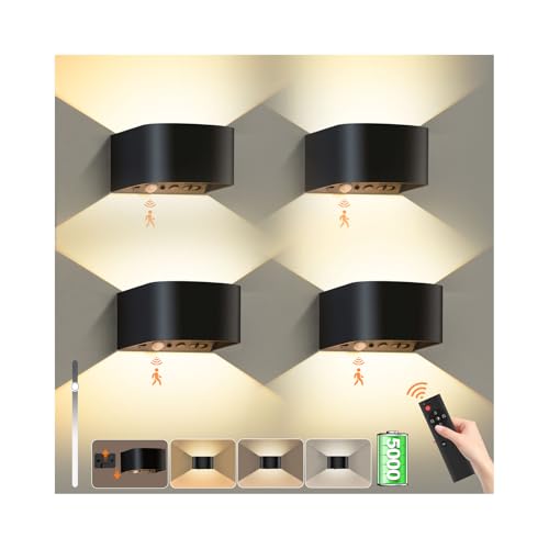 Audor 5000mAh Akku Wandleuchte Innen mit Fernbedienung, 4 Stück Kabellose Wandlampe mit Bewegungssensor, 3 Farben Wandlicht Up Down Wandbeleuchtung Wiederaufladbare Wandstrahler für Treppe von Audor
