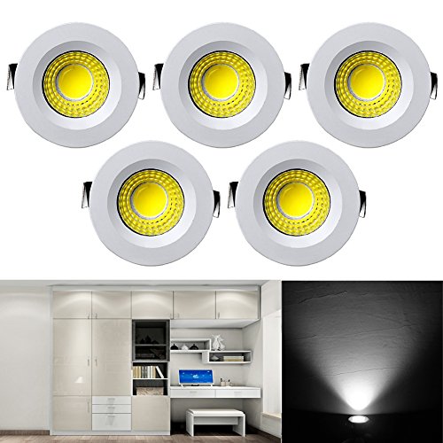 LED Mini Klein Einbaustrahler Set 5er, Audor 3W LED Deckenstrahler Schwenkbar COB Deckenspots Einbauleuchte Aluminium Spots LED Set Kaltweiss für Weinschrank/Schrank/Küche/Wohnzimmer-Weiß von Audor