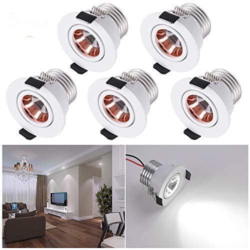 Mini Klein Einbaustrahler LED Set 5er, Audor 3W LED Deckenstrahler Schwenkbar COB Deckenspots Einbauleuchte Aluminium Spots LED Set Kaltweiss für Weinschrank/Schrank/Küche/Wohnzimmer von Audor