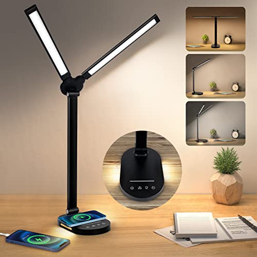 Schreibtischlampe LED Dimmbar Doppelkopf Aluminium 10W mit Wireless Charger&USB Ladefunktion, LED Tischlampe Stufenlose Dimmung 5 Farben Augenschutz mit Nachtlicht Timer Tischleuchte für Lesen Büro von Audor