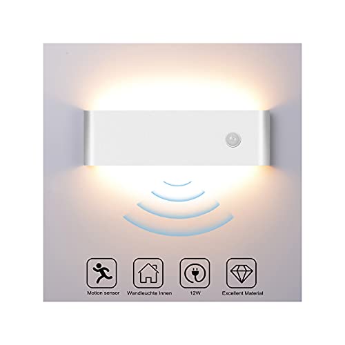 Wandleuchte Bewegungsmelder Innen 12W Warmweiß, LED Wandlampe Modern Up and Down Aluminium Innenleuchte, Lampe mit Wandbeleuchtung für Wohnzimmer/Flur/Treppen/Garage -Weiß von Audor