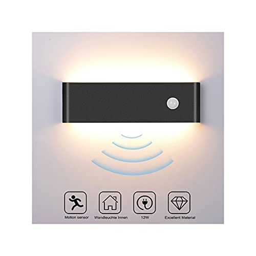 Audor Wandleuchte Bewegungsmelder Innen 12W Warmweiß, LED Wandlampe Innen Modern Up and Down Aluminium Innenleuchte, Wandleuchte Innen für Wohnzimmer/Flur/Treppen/Garage -Schwarz von Audor