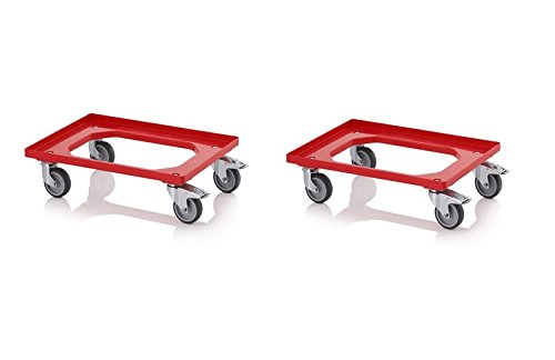 2x Transportroller rot mit Feststellbremse/Gummrädern für 60x40 Eurobehälter inkl. gratis Zollstock 2er Set von Auer Packaging