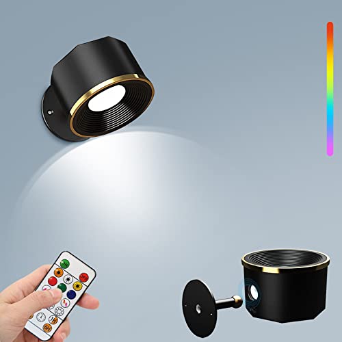 Auezona Led Wandleuchte Innen Batteriebetrieben Kabellose Dimmbar, 360° drehbare 3 Helligkeitsstufen 16 Farbmodi, Wandlampe mit Fernbedienung für Schlafzimmer Wohnzimmer Flur, Schwarzes Gold von Auezona