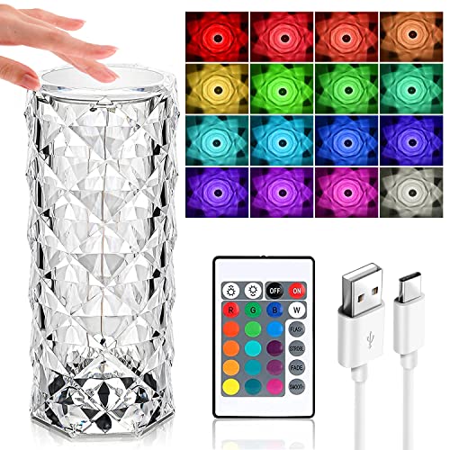 Auezona LED Kristall Lampe, 2500mAH 16 Farben Touching Control Rose Crystal, 4 Modi USB Rosenschatten Tischlampe mit Fernbedienung, Nachttischlampe Farbwechsel Nachtlicht für Schlafzimmer von Auezona