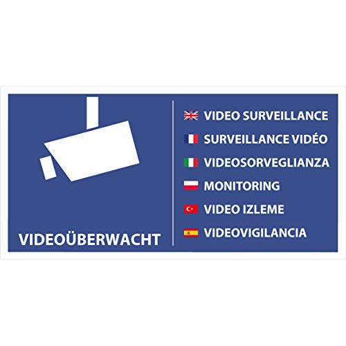 10 Videoüberwacht Aufkleber Videoüberwacht (10 Stück) 210 x 105 mm mehrsprachig DIN LANG Videoüberwacht-Aufkleber vorgestanzt, selbstklebend Videoüberwacht-Schild überkleben von Aufklebo