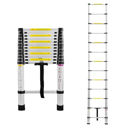 Aufun Teleskopleiter 3,8m Aluminiumleiter Rutschfester Aluleiter Schiebeleiter Sprossenleiter Ausziehleiter Teleskop-Design Mehrzweckleiter max 150 kg Belastbarkeit von AufuN