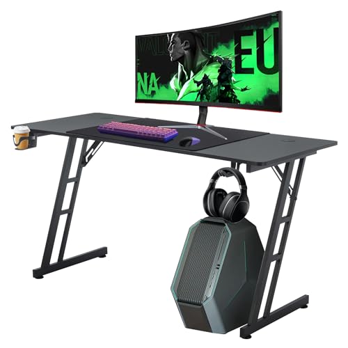 AufuN 140 x 60cm Gaming Tisch, Gaming Schreibtisch, Kopfhörerhaken und Getränkehalter, Stabiler Computertisch Stehschreibtisch Arbeitstisch, PC Tisch Gaming (Tye B ohne LED) von AufuN