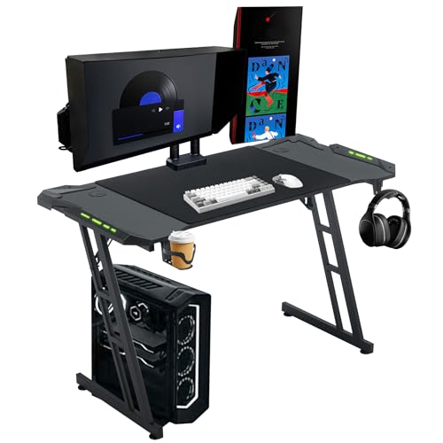 AufuN 140 x 60cm Gaming Tisch, Gaming Schreibtisch mit LED Beleuchtung, Kopfhörerhaken und Getränkehalter, Stabiler Computertisch Stehschreibtisch Arbeitstisch, PC Tisch Gaming (Tye B mit LED) von AufuN