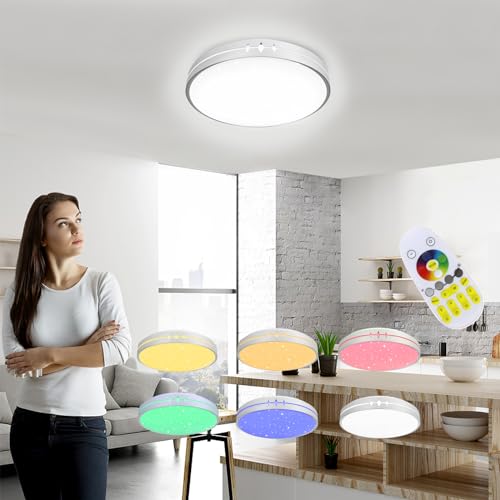 AufuN 60W LED Deckenleuchte Dimmbar mit Fernbedienung Wohnzimmer Lampe, RGB Farbwechsel Sternenhimmel LED Rund Deckenlampe, Einstellbar für Schlafzimmer Küche Kinderzimmer Wohnzimmer(Tye C) von AufuN
